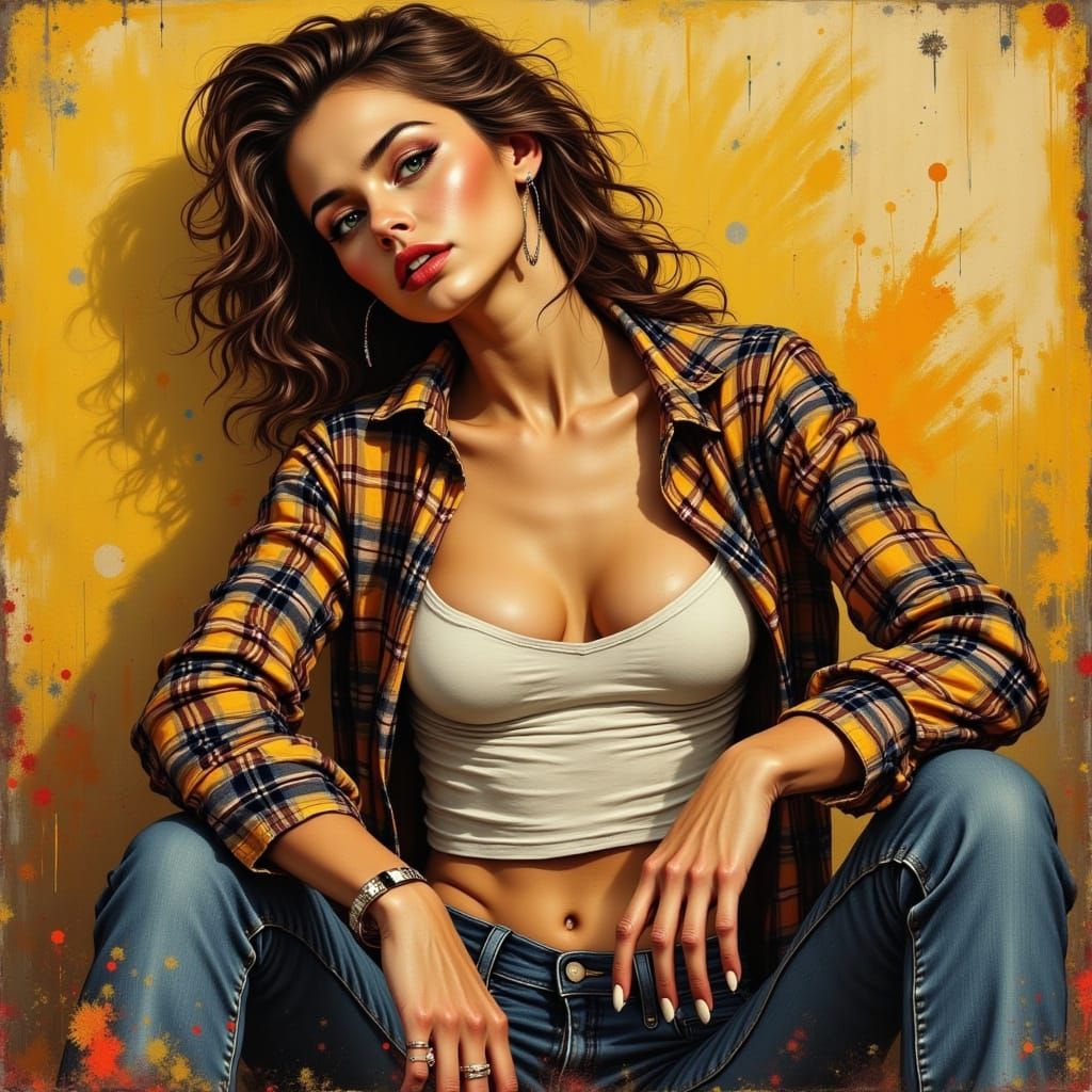 Ink Drawing, Expressive Portrait with Golden Light