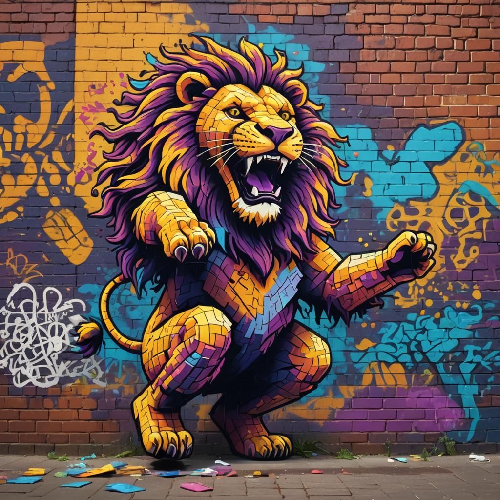 Lion Breakdancing in Pixel Art Cityscape