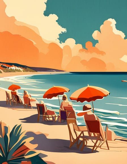 1930s poster style illustration of nice beach scene by eff d’ hey vintage 30s flat colour poster of beach seaside scene