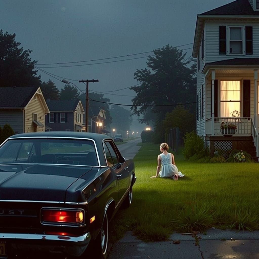 A Woman in a Haunting Front Yard Scene