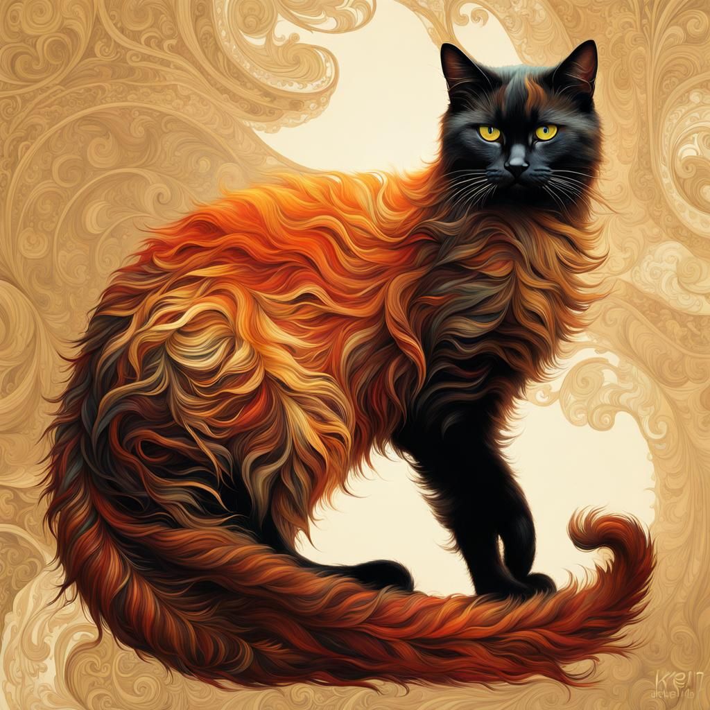Cat with Bushy Tail in Klimt-Inspired Art