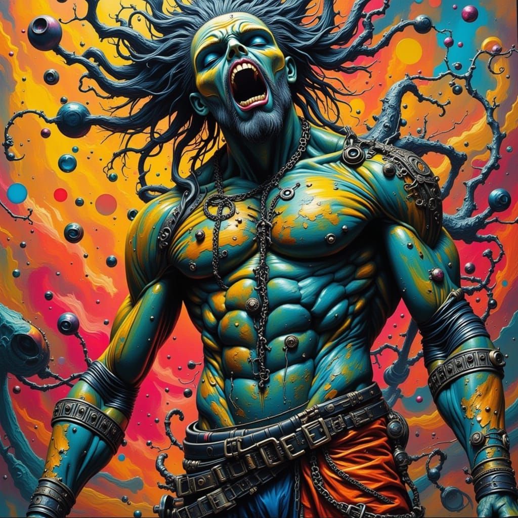 Gothic Cyberpunk Warrior in Neon Impasto