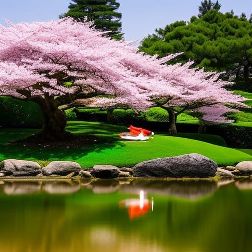 Koi Pond with Bonsai in Shin Hanga Style