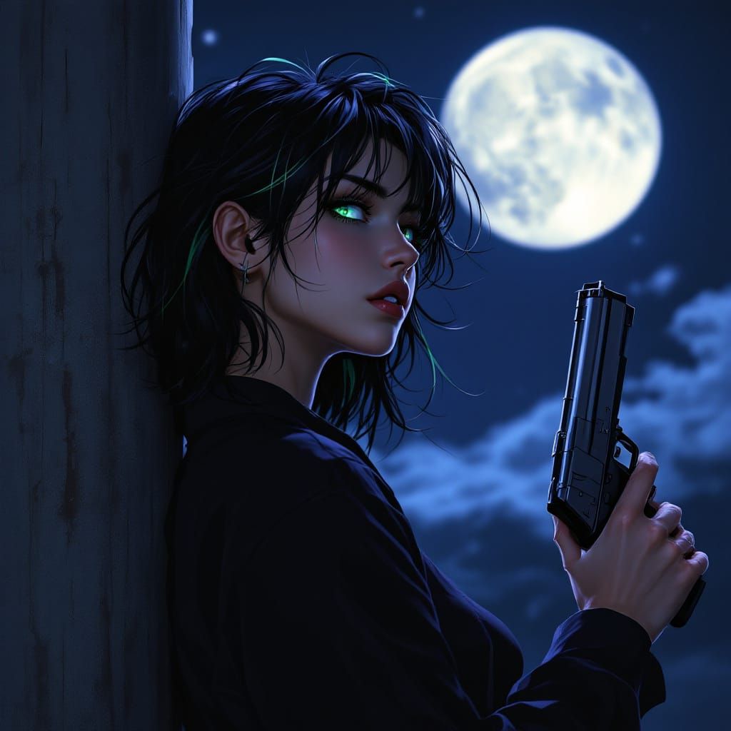 side view emo beautiful tan skin girl. 18. green eye iris. black shirt. green highlights on black hair. back against a p...