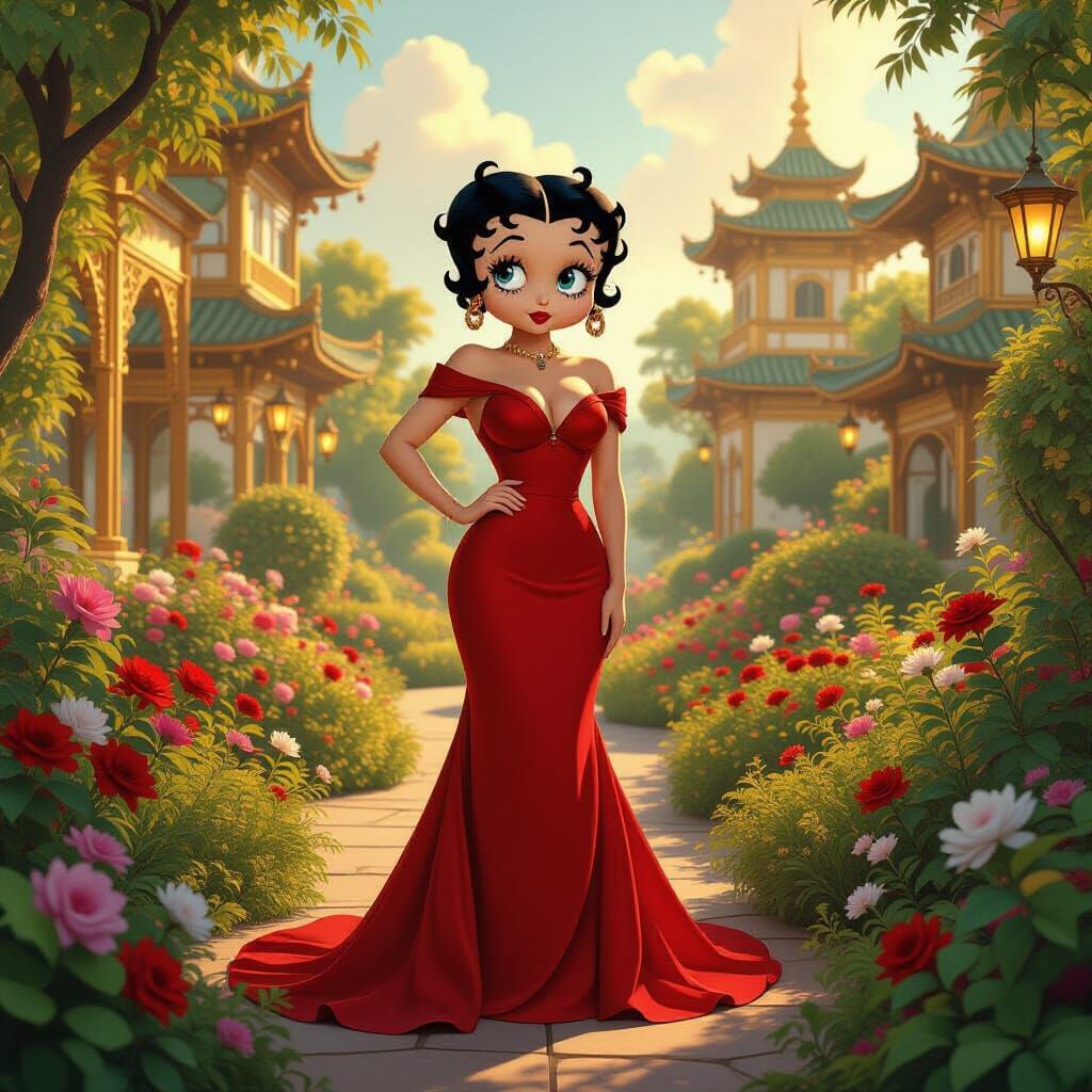 Betty Boop in Lush Garden: Hyperrealistic Digital Art