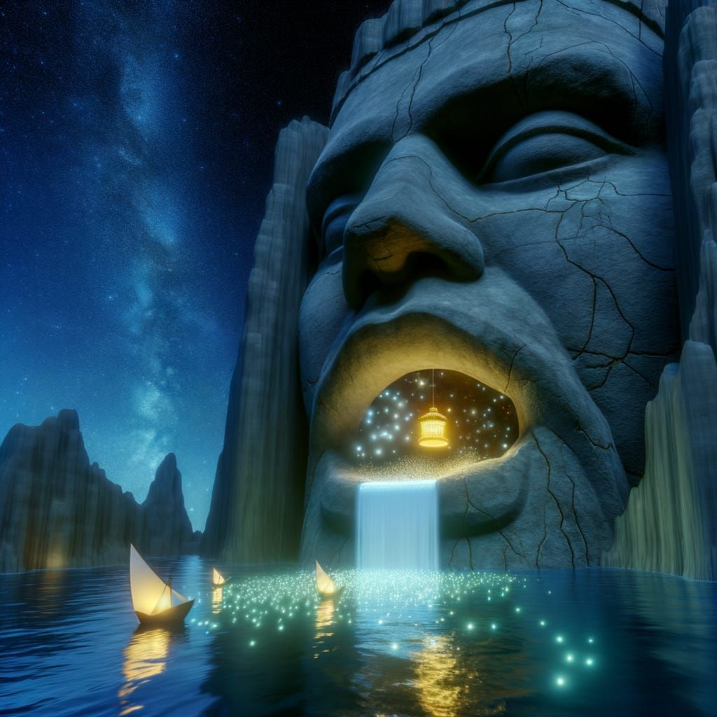 Monumental Stone Face with Ocean Eye, Ultra-Realistic 3D