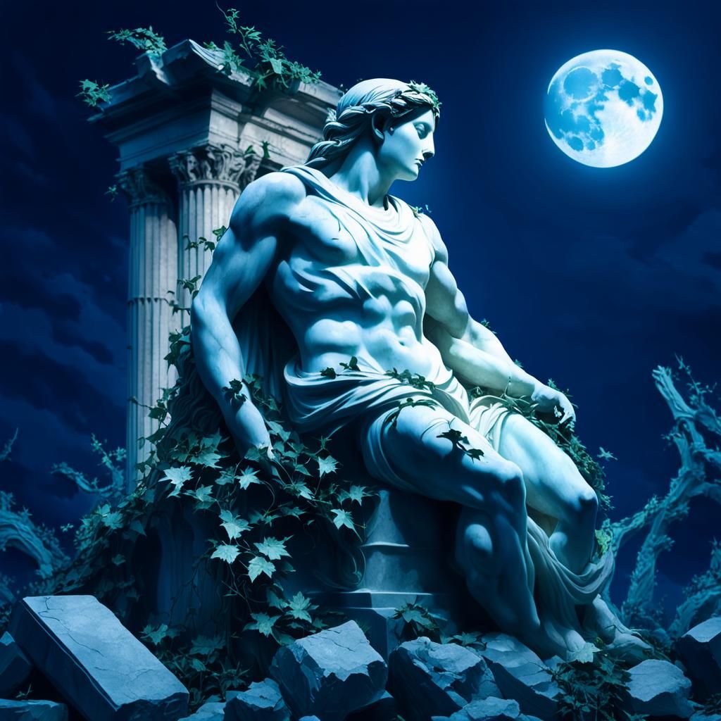 Neo-Classical Statue in Temple Ruins Under Moonlight
