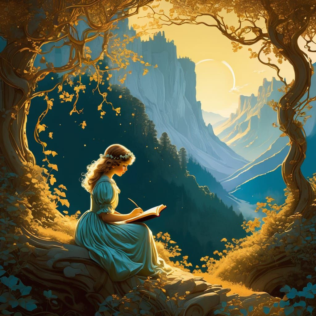 Little Girl Reading a Magical Book