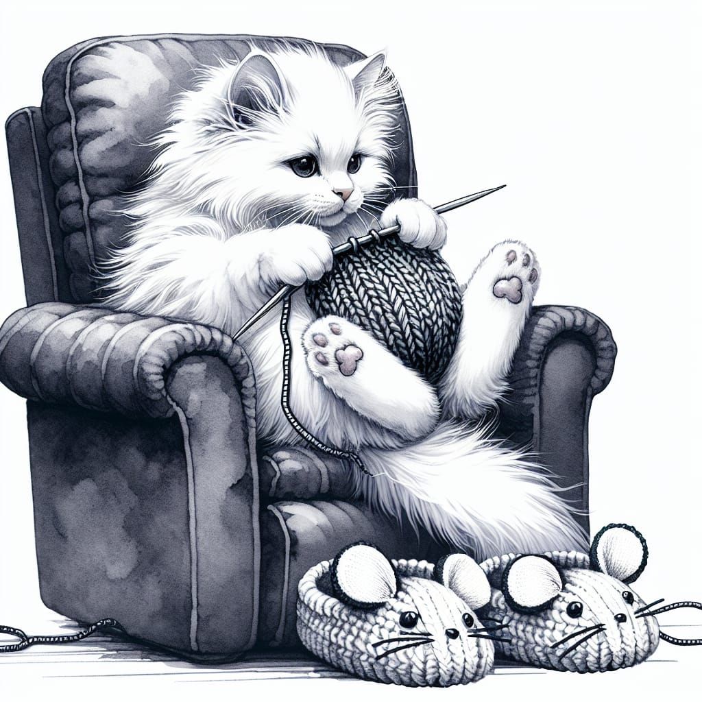 Watercolor Cat Knitting with Mouse Slippers