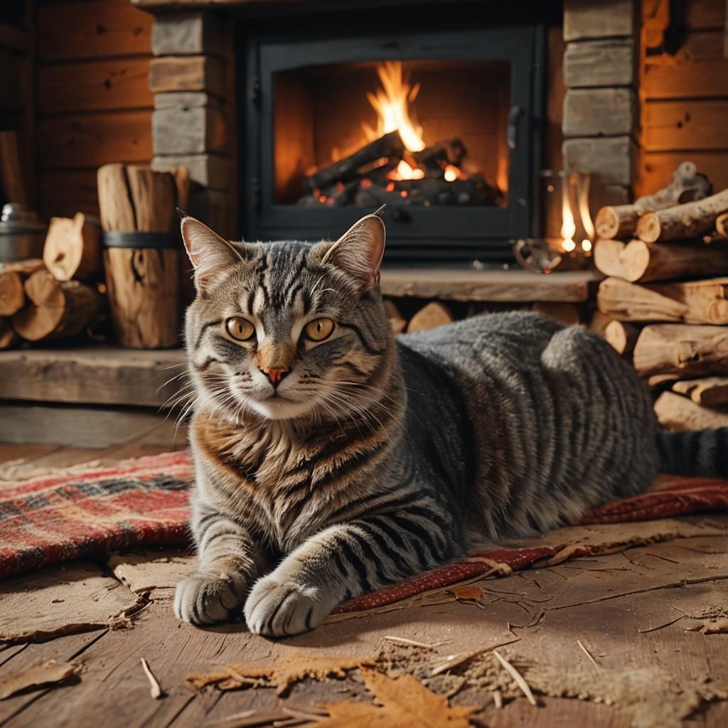 Cozy Tabby Cat Napping by Fireplace