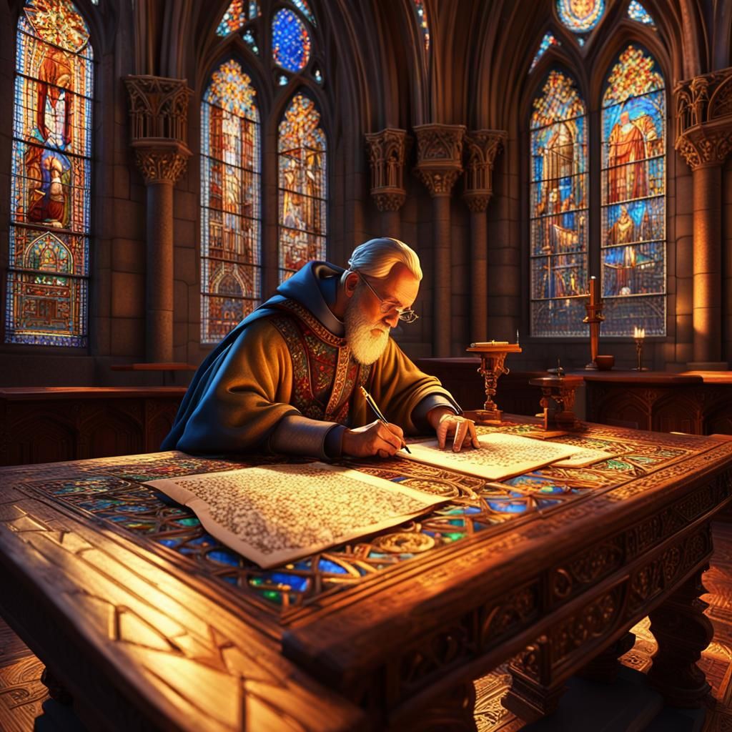Medieval Scribe Writing in Cathedral, Photorealistic CGI