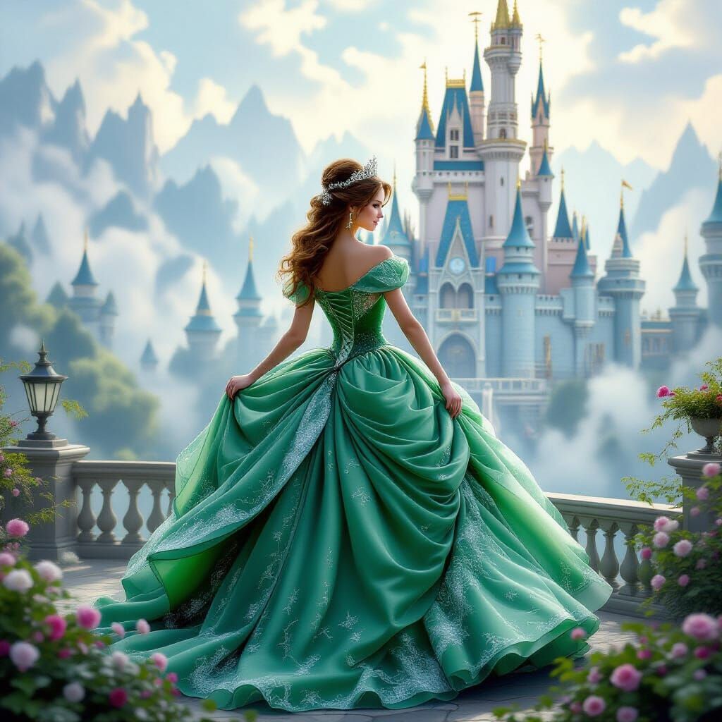 Princess in Sparkly Green Gown at Ethereal Castle