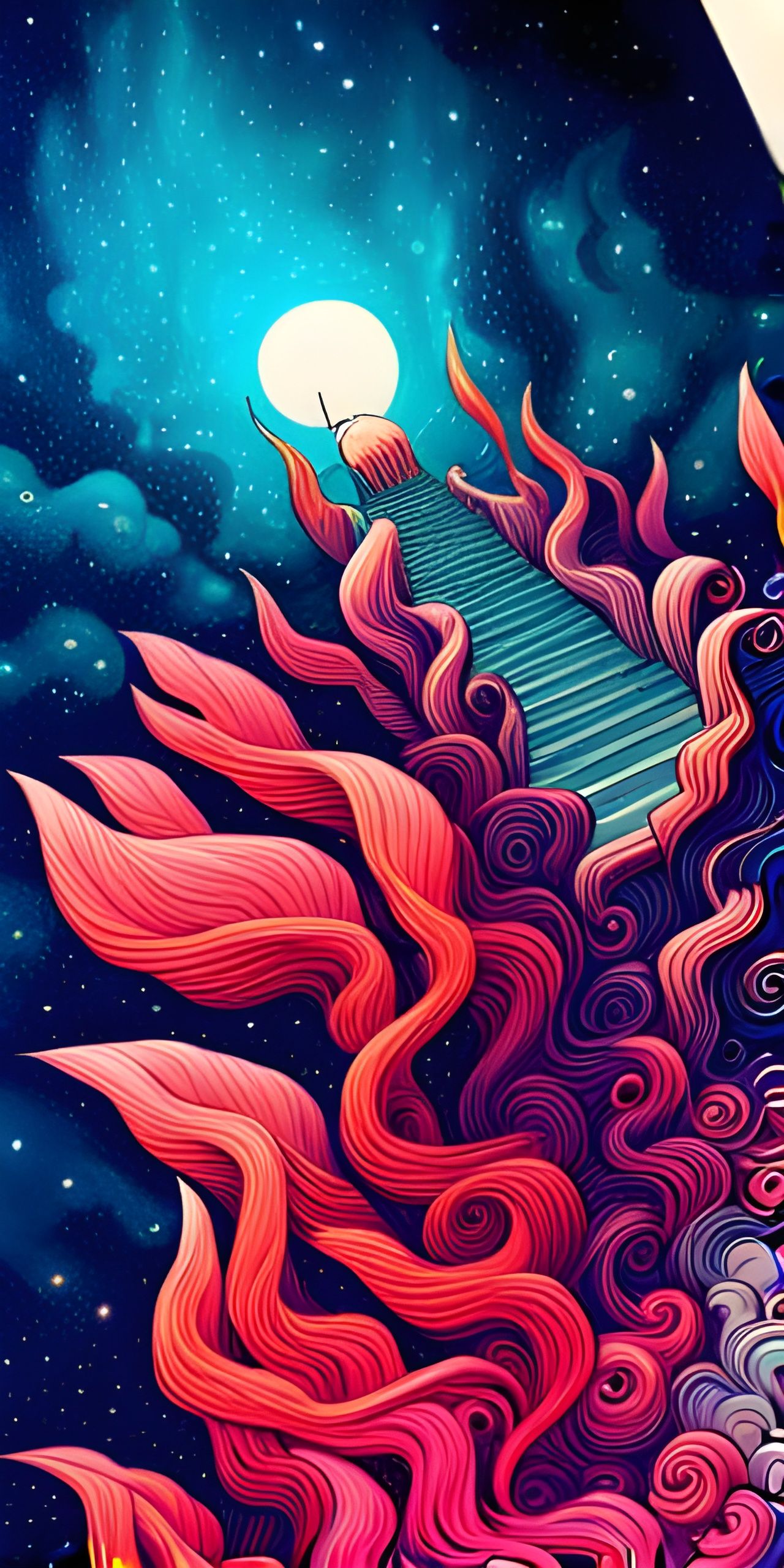 Ornate Cosmic Landscape with Flowers and Birds