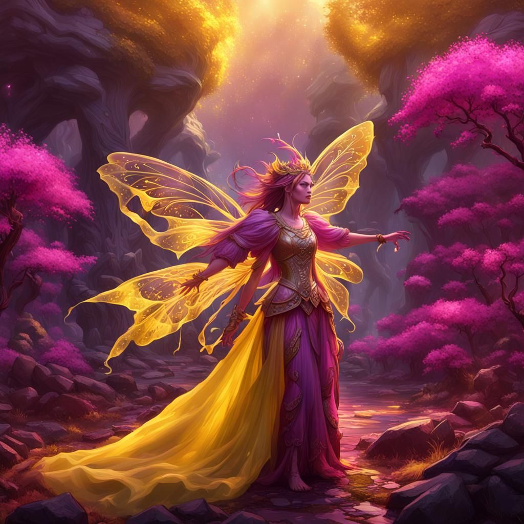 Yellow Fairy in Fuchsia Landscape: Dark Fantasy Art