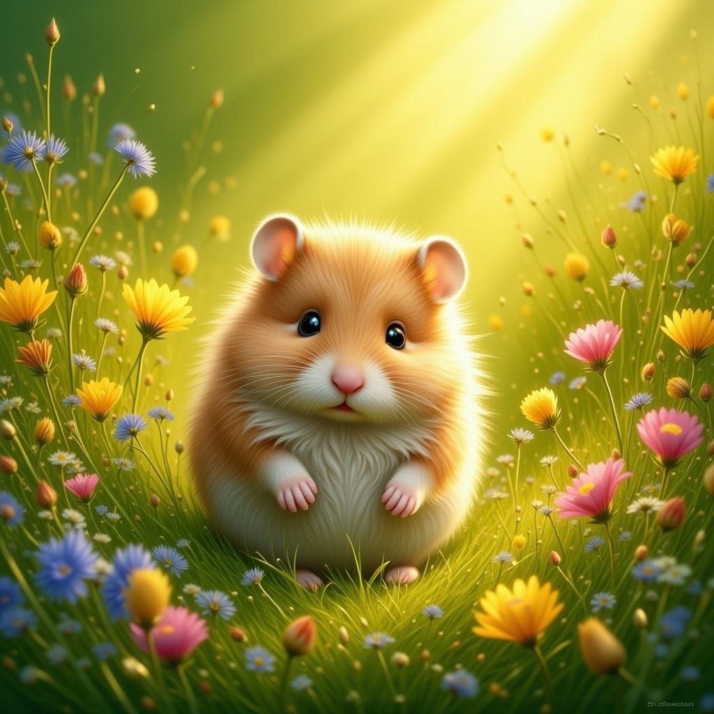 Fluffy Hamster in Wildflower Field Airbrush Art
