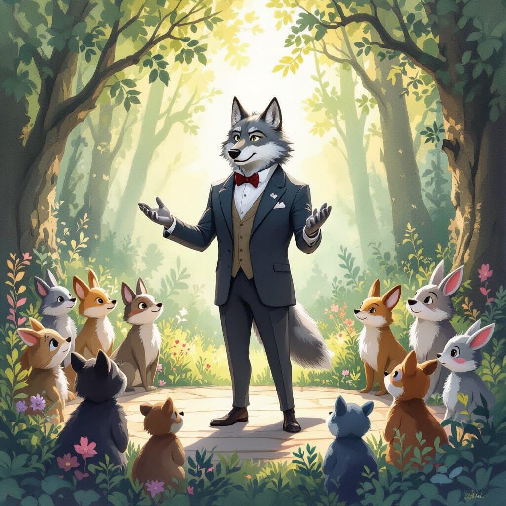 Wolf Gives Speech to Forest Creatures, Watercolor Art