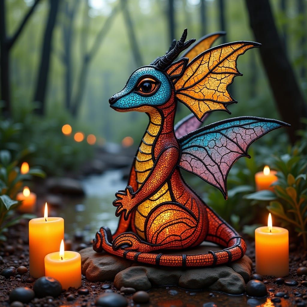 Crystal Glass Baby Dragon in Stained Glass Style