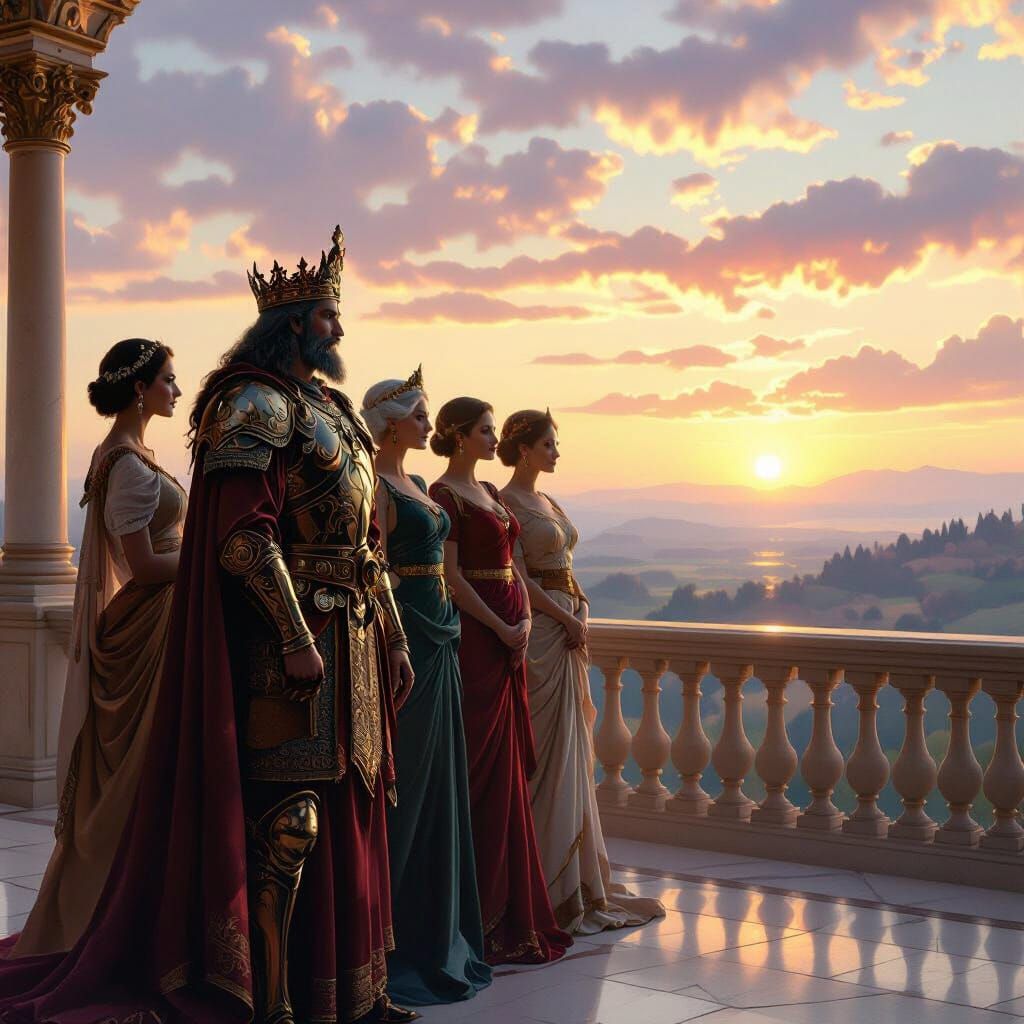 Mature Women Respectfully Adoring War King at Dawn