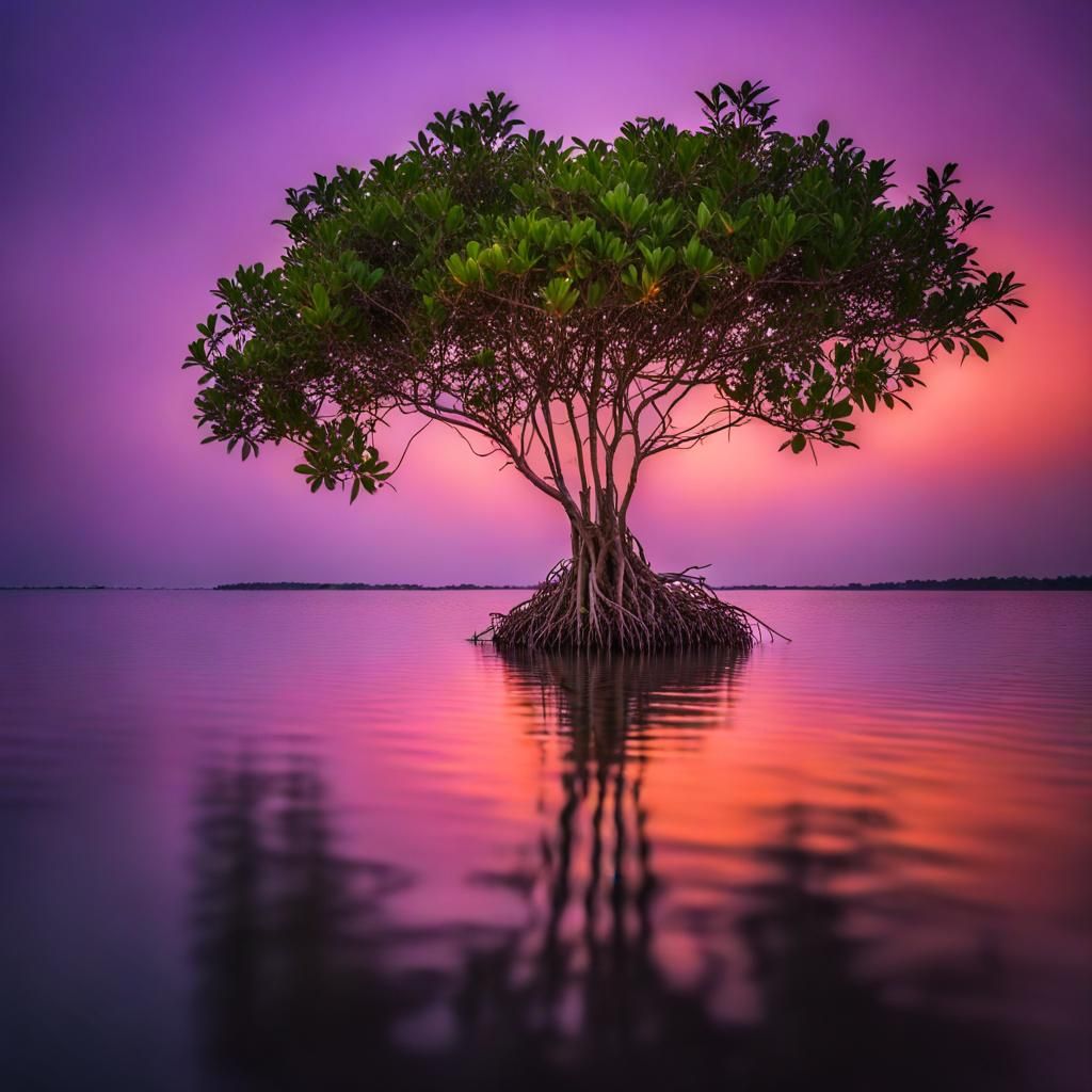 Mangrove Tree at Sunset in Ocean Lake
