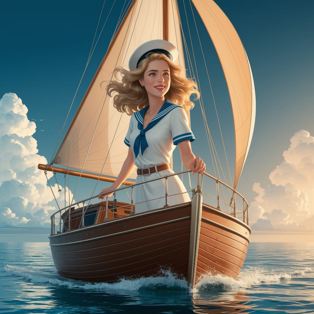Carefree Blond Sailor on Vintage Sailboat