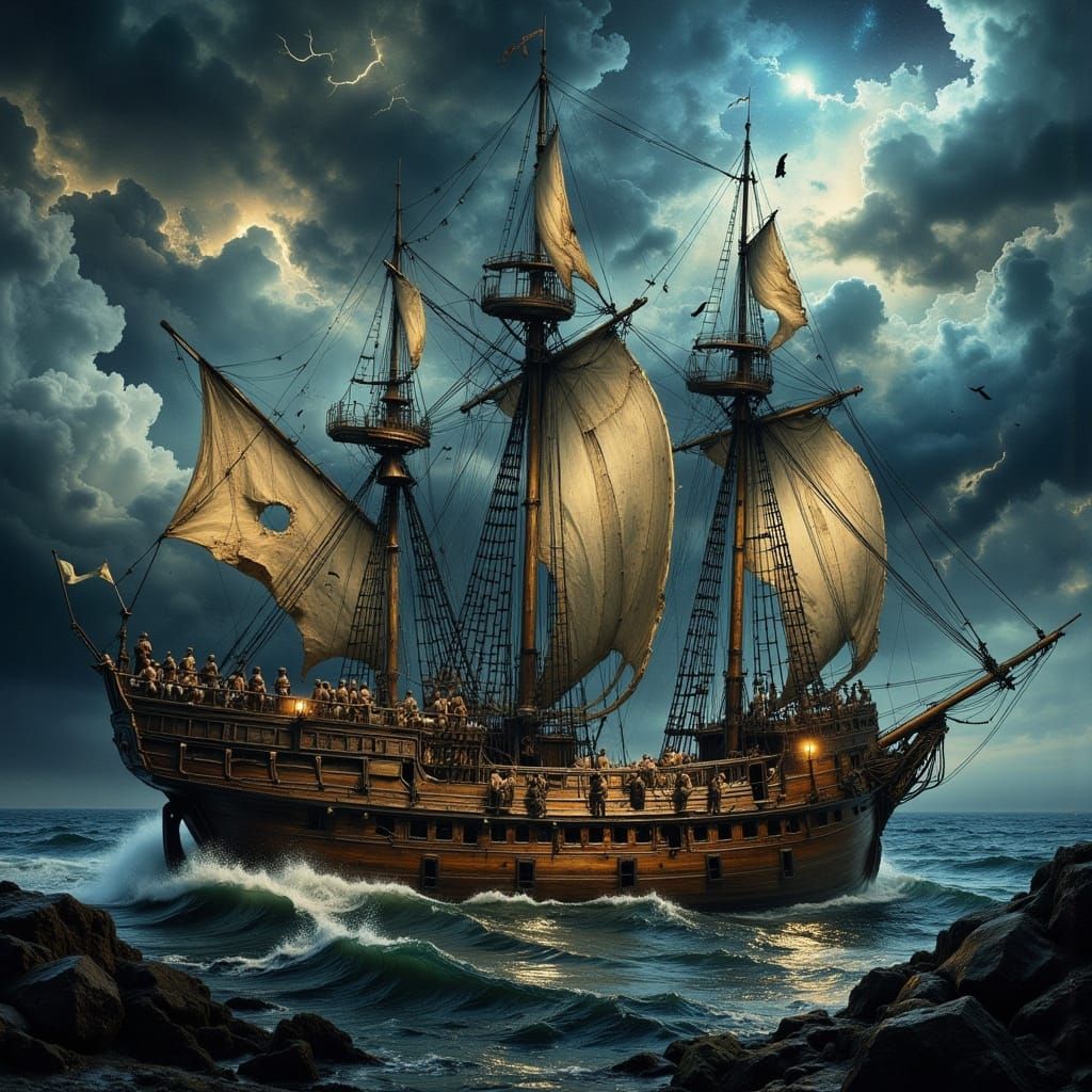 Warship in Stormy Seas: A Cinematic Realism Painting