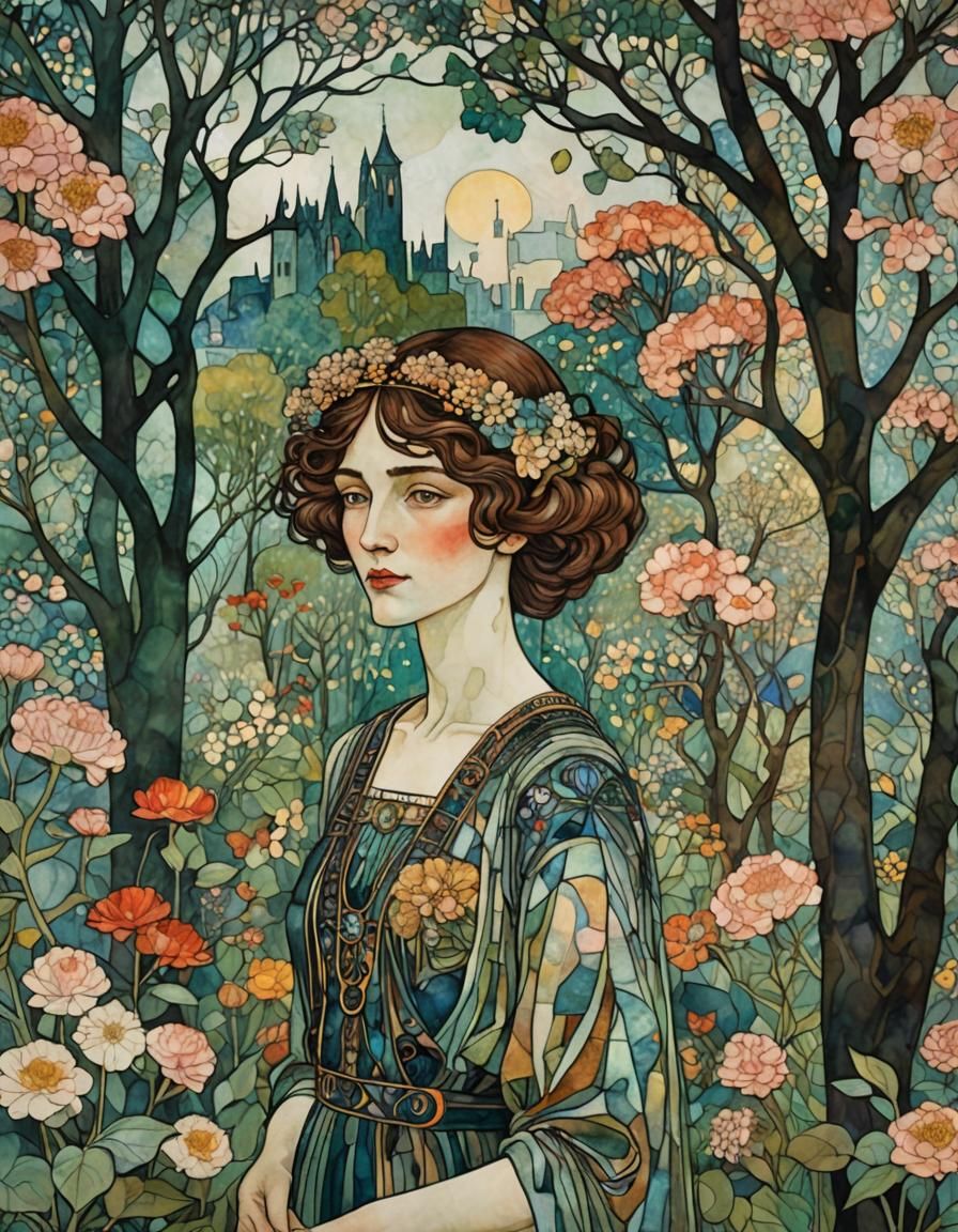 Art Nouveau Woman in City Garden