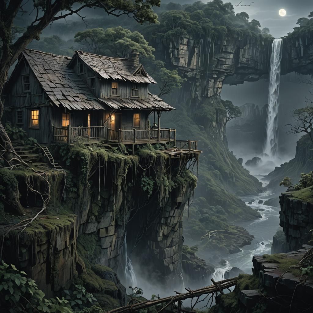 Ominous Shack Overlooking Misty Waterfall in Dark Fantasy