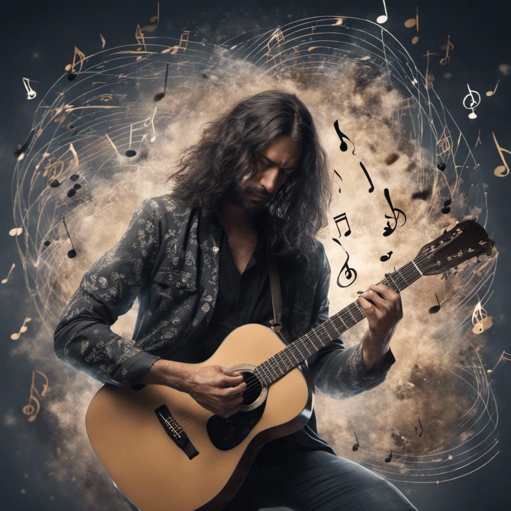 Guitarist Portrait with Floating Music Notes