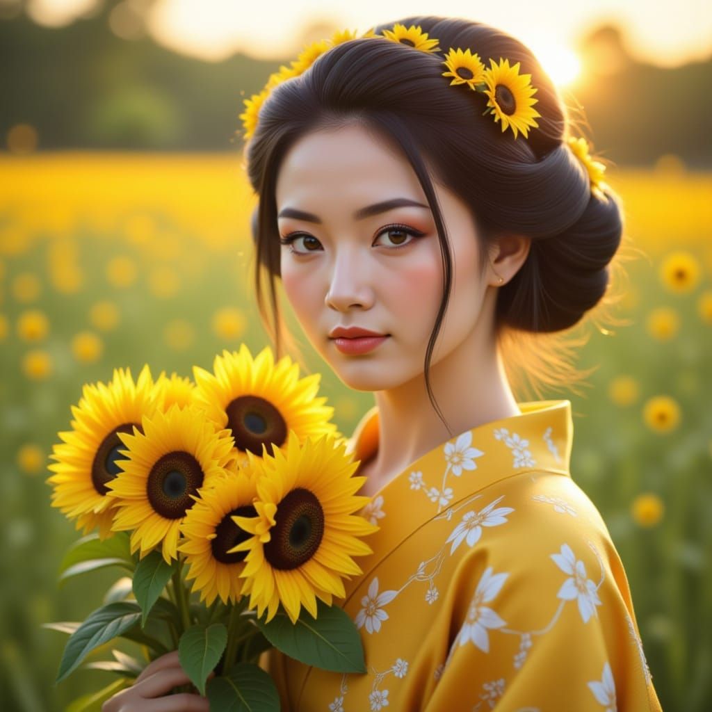 Joyful Woman with Sunflowers in Golden Hour Meadow