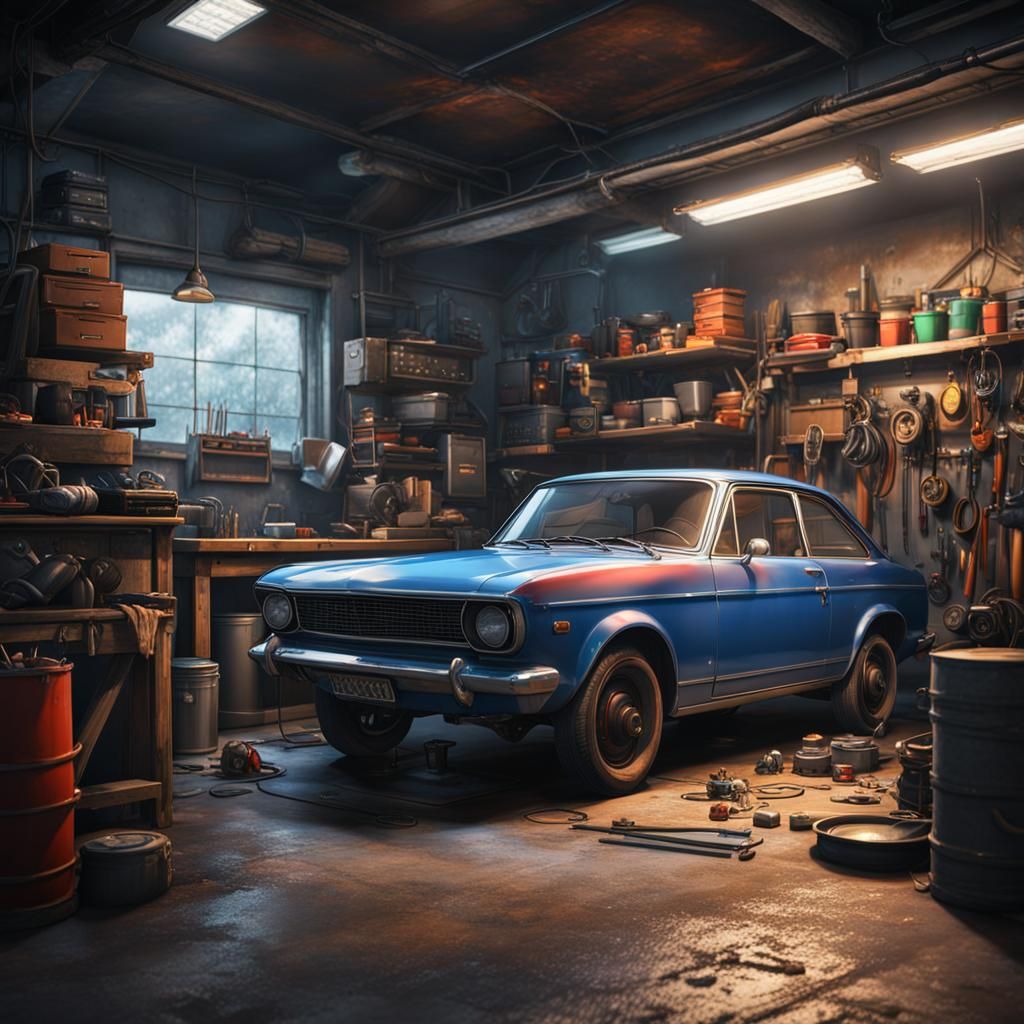 Garage Workbench with Car, Anime Style, 4K