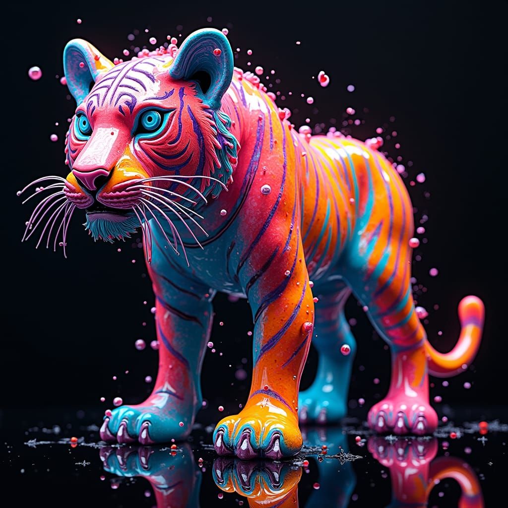 Polychromatic Tiger Blowing Glass in Street Art Style