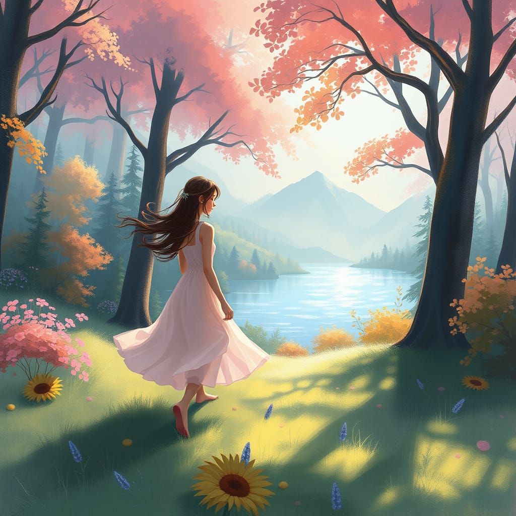 Dreamy Forest Landscape with Woman in Dress