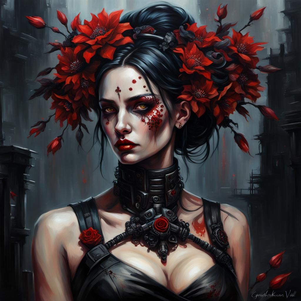 Cyberpunk Woman with Red Flowers: Gothic Steampunk Art