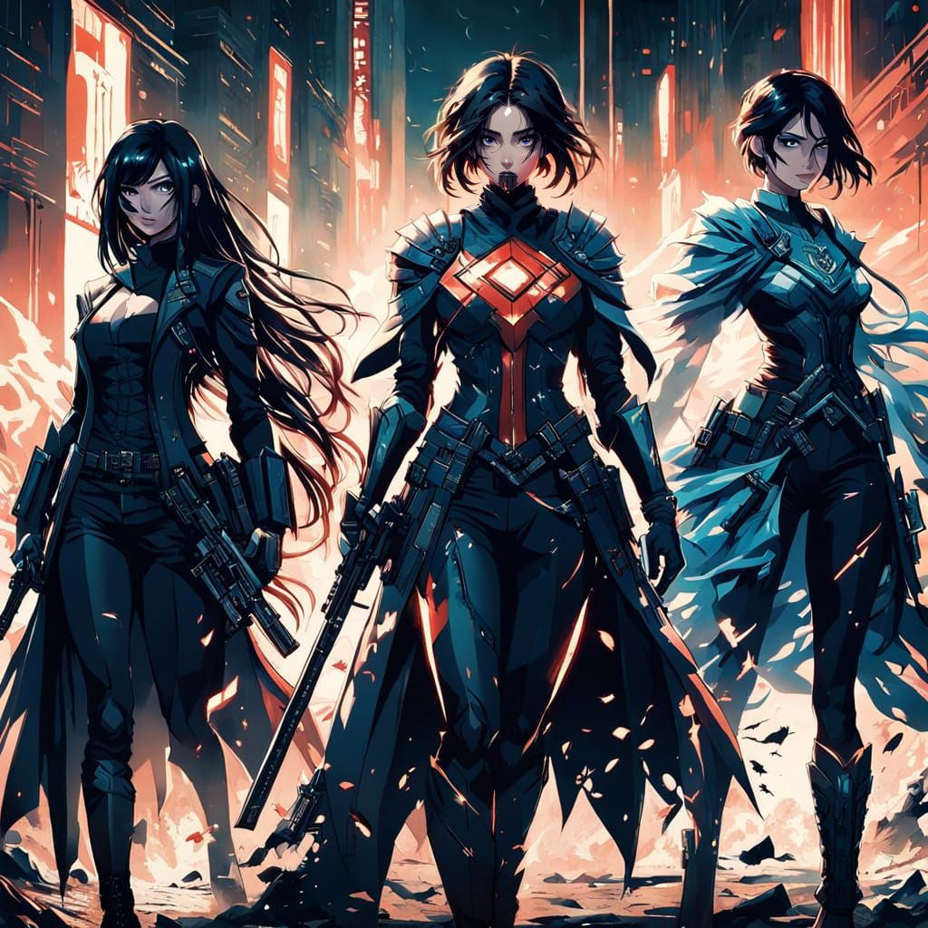 Anime Girls with Guns in Cel-Shaded Style