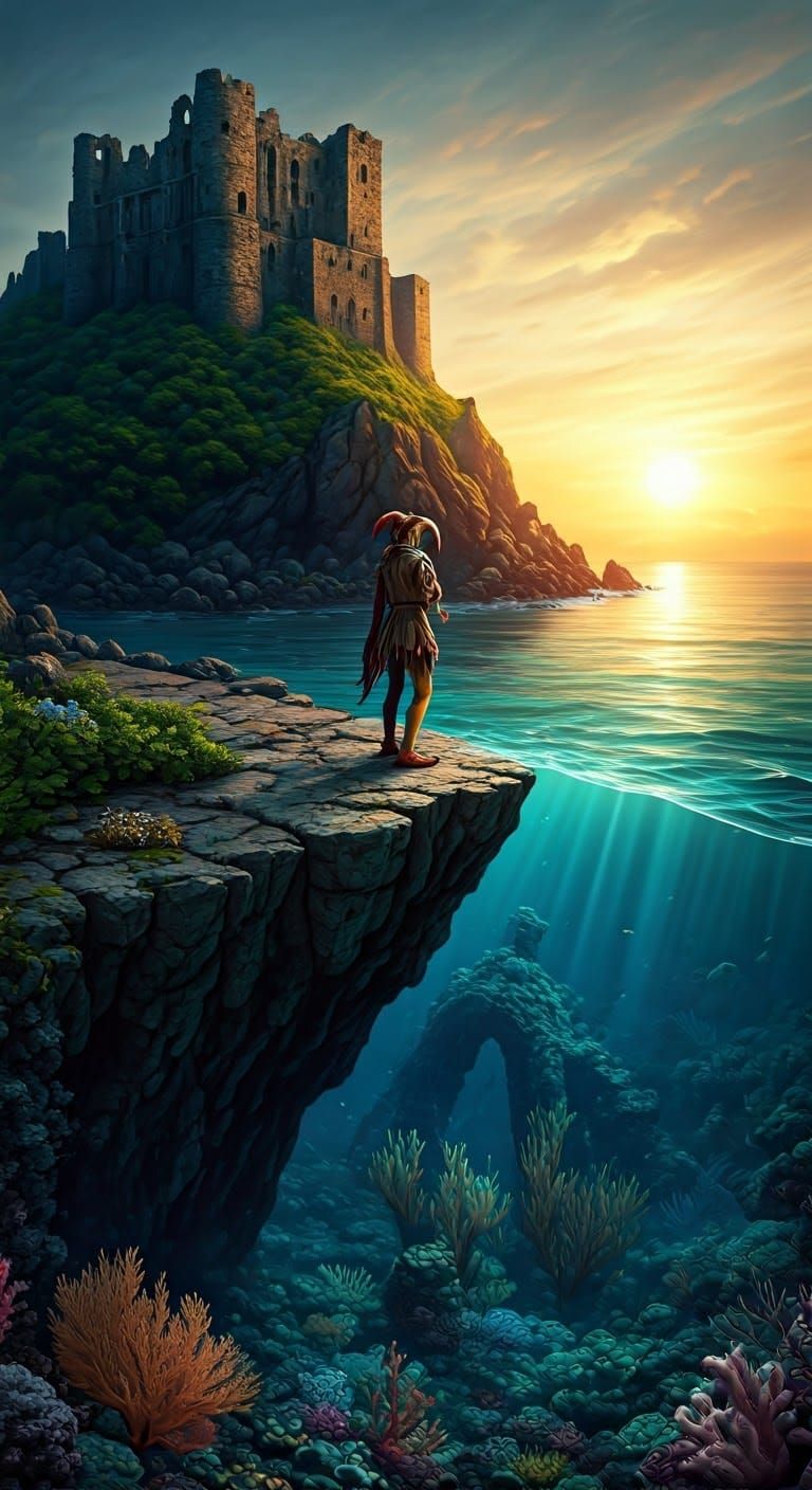 Mystical Landscape with Jester on Volcanic Cliff