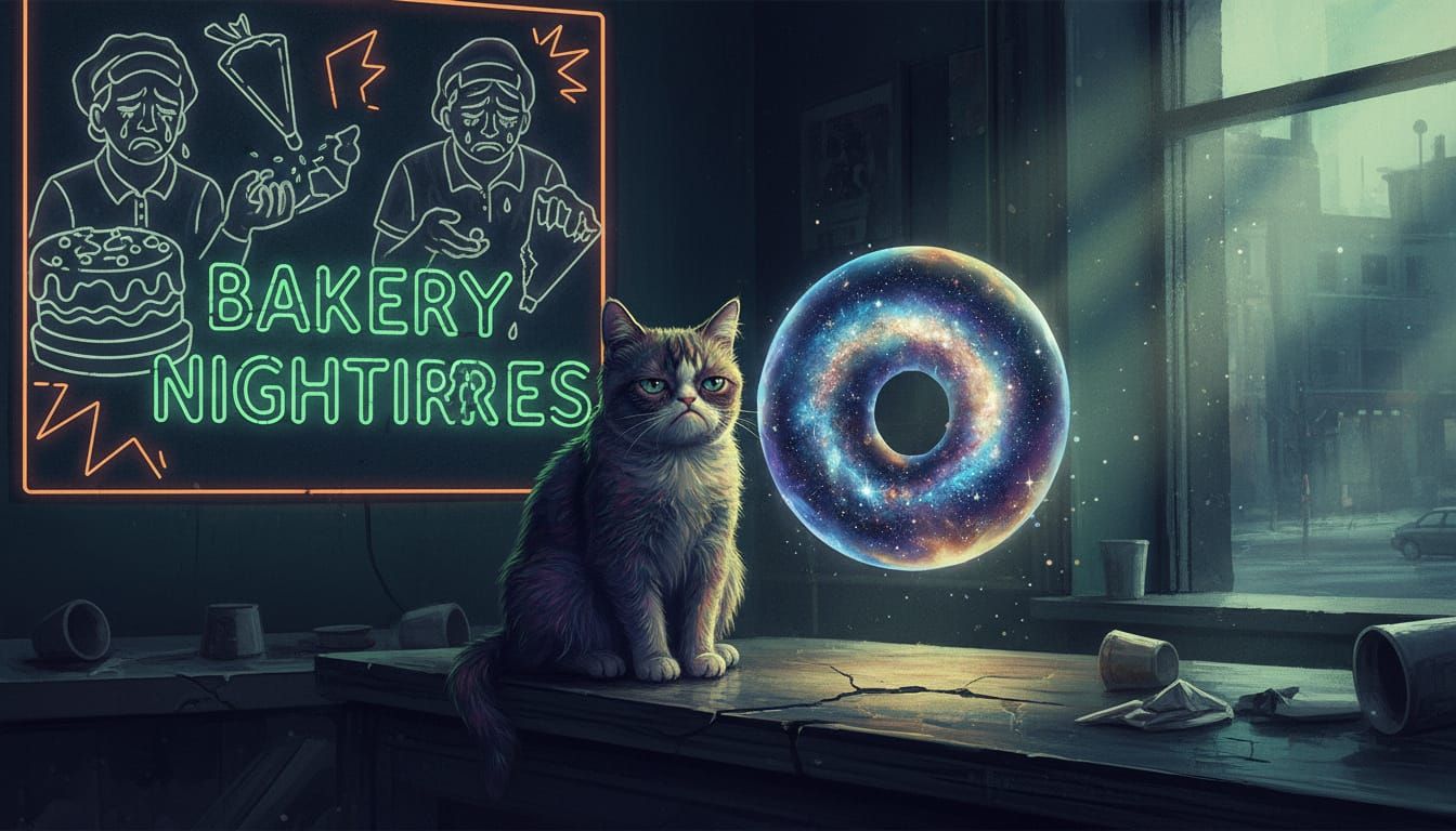 Grumpy Cat Contemplates Cosmic Donut in Neon Bakery