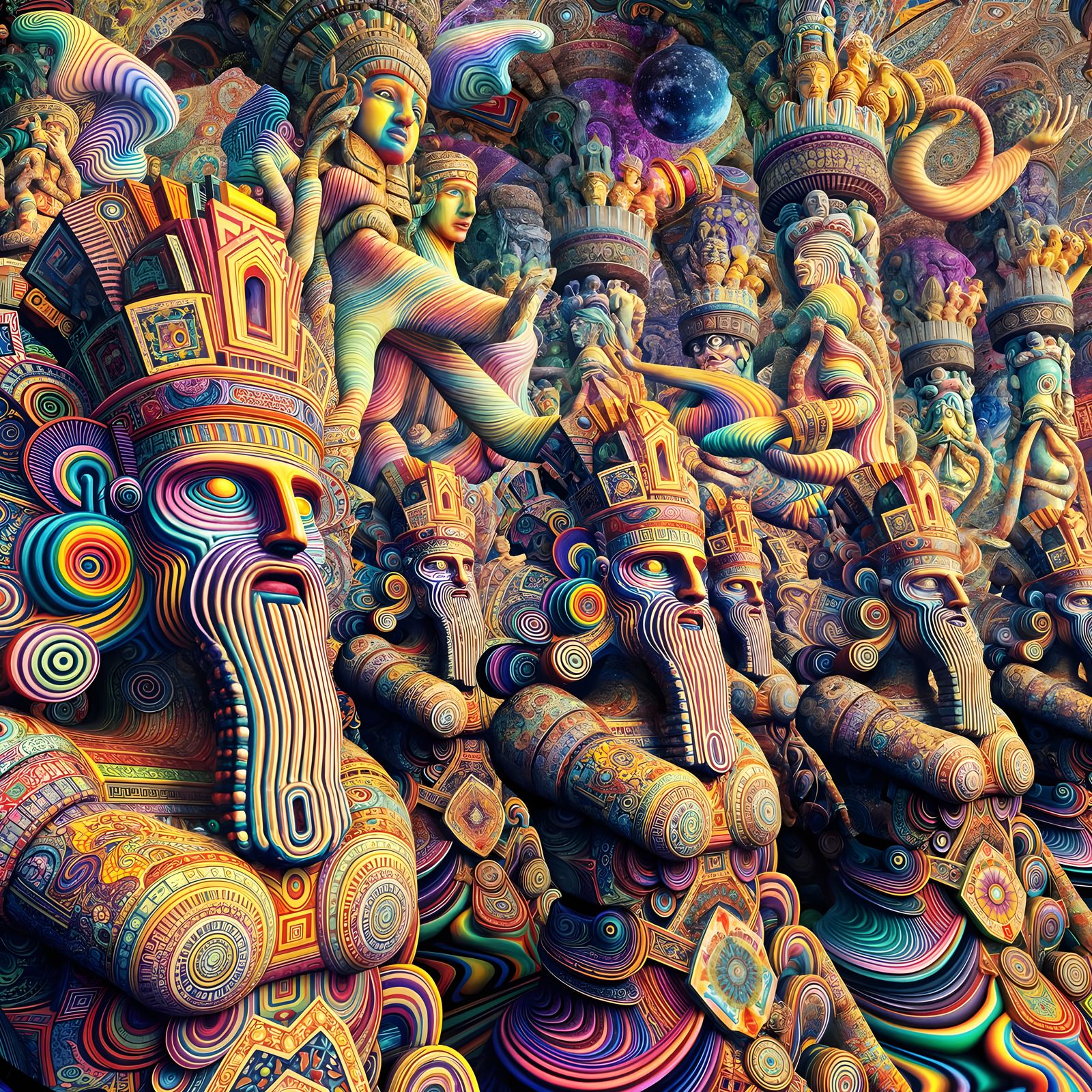 Psychedelic Sumerian Deity in Surreal Geometric Chaos