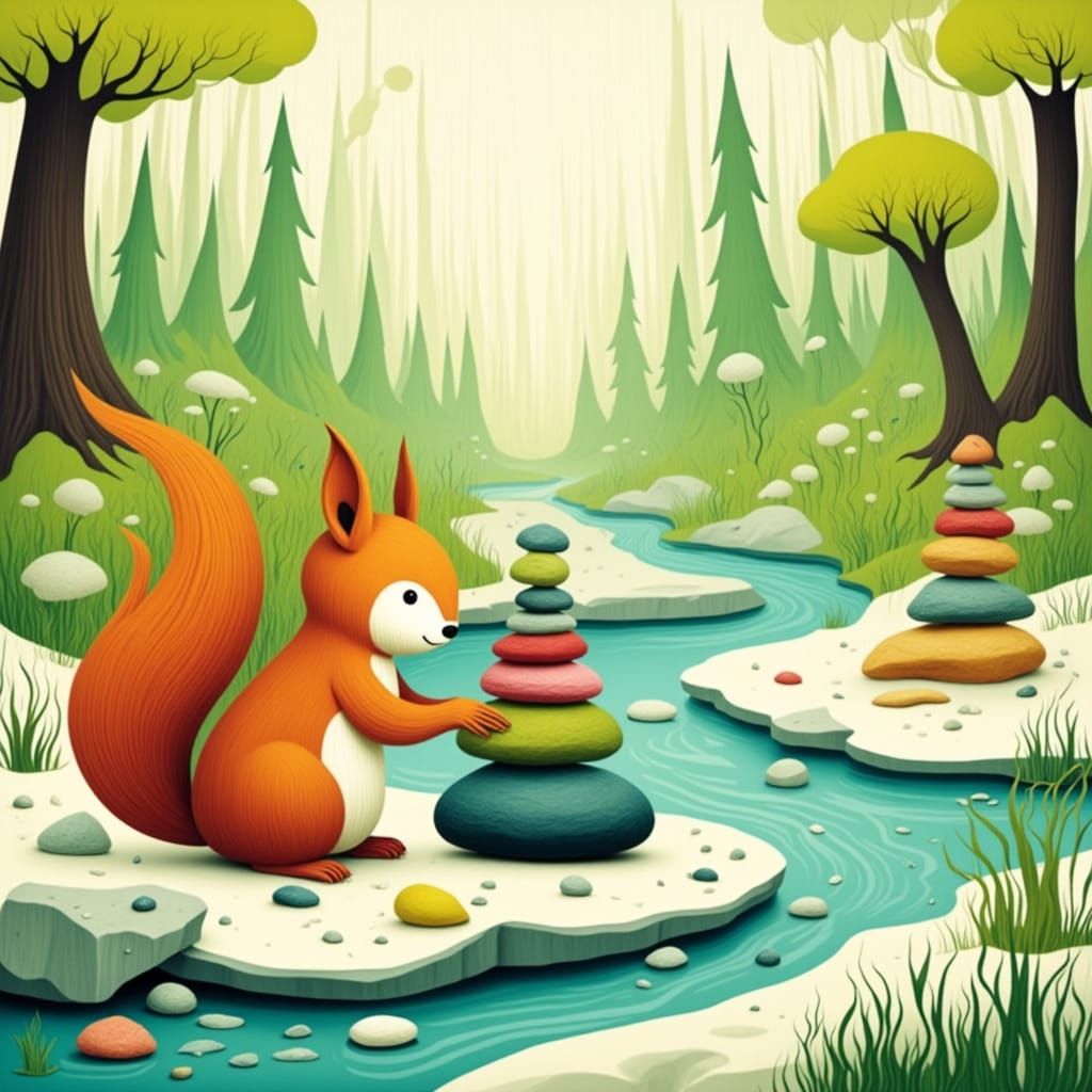 Charming Squirrel Builds Stone Cairn on Riverbank