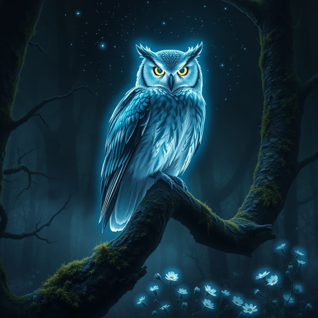 Luminescent Owl Perched in Mystical Forest
