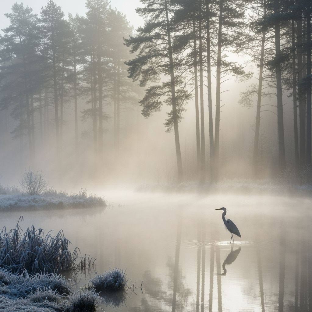Ethereal Heron in Foggy Forest at Dawn
