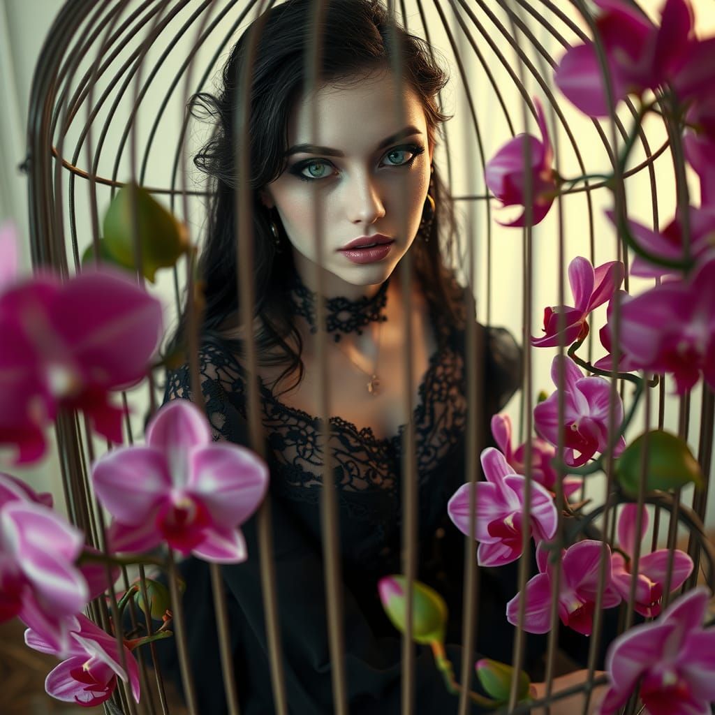 Gothic Woman in Orchid Birdcage, Dreamlike Portrait