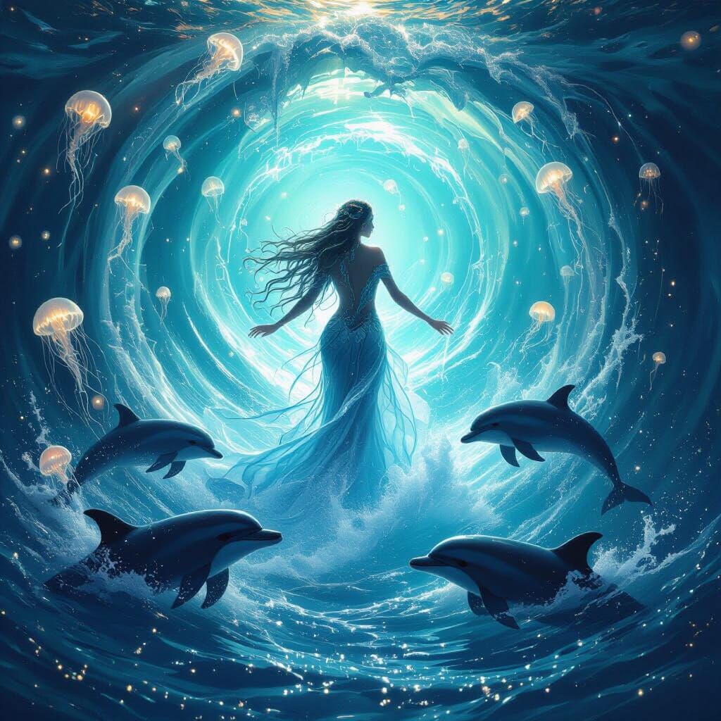 Water Goddess Emerges from Ocean Whirlpool with Dolphins