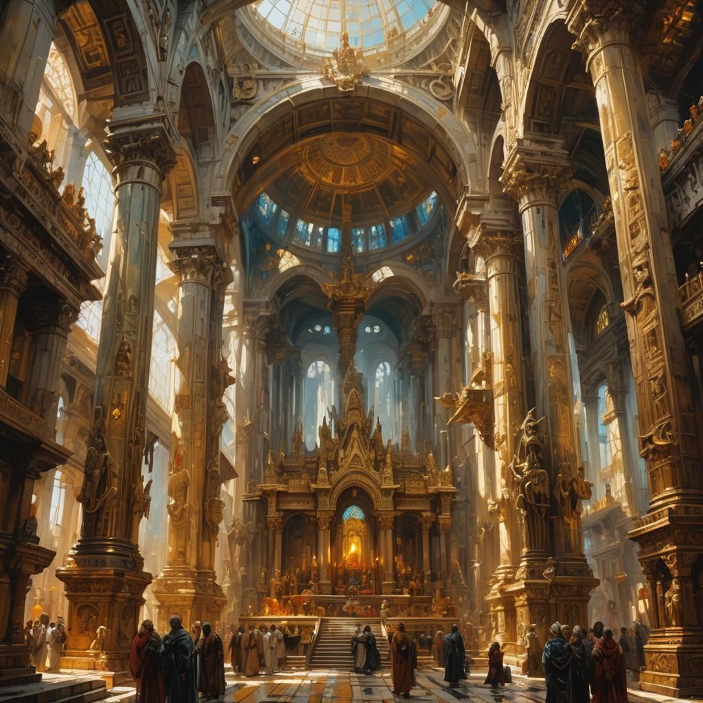 Fantasy Temple Nave with Merchants, in Oil Painting Style