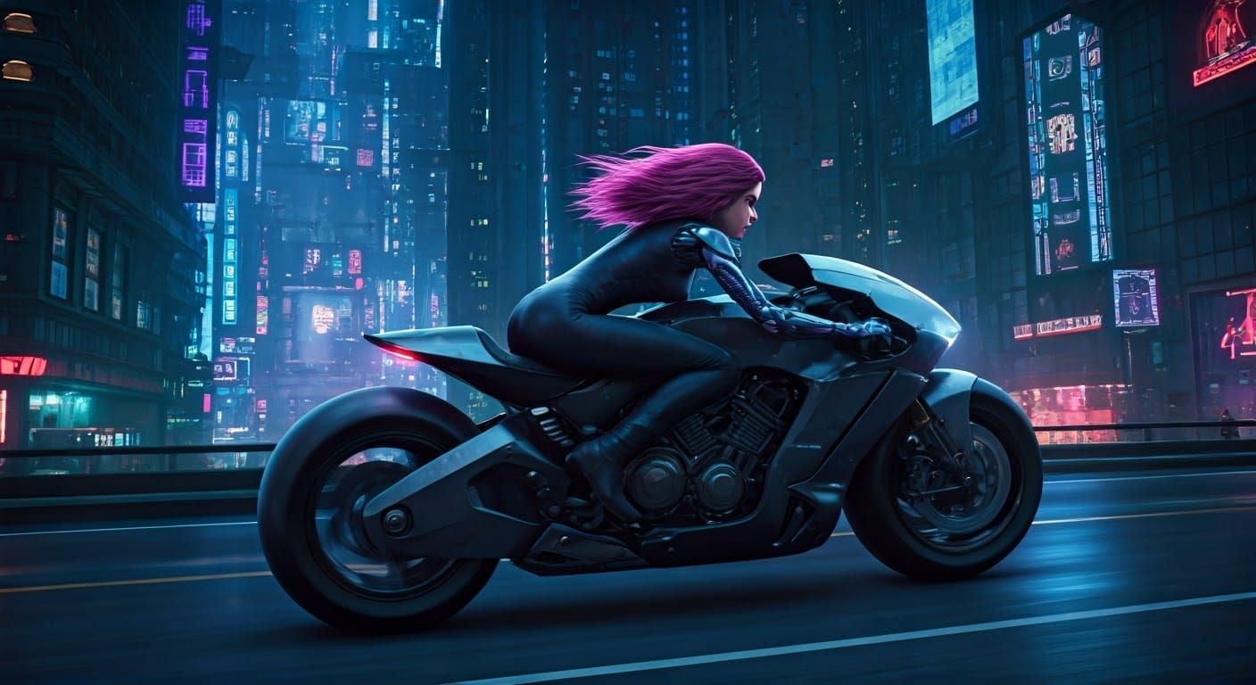Cyberpunk Battle Angel Alita on Futuristic Motorcycle