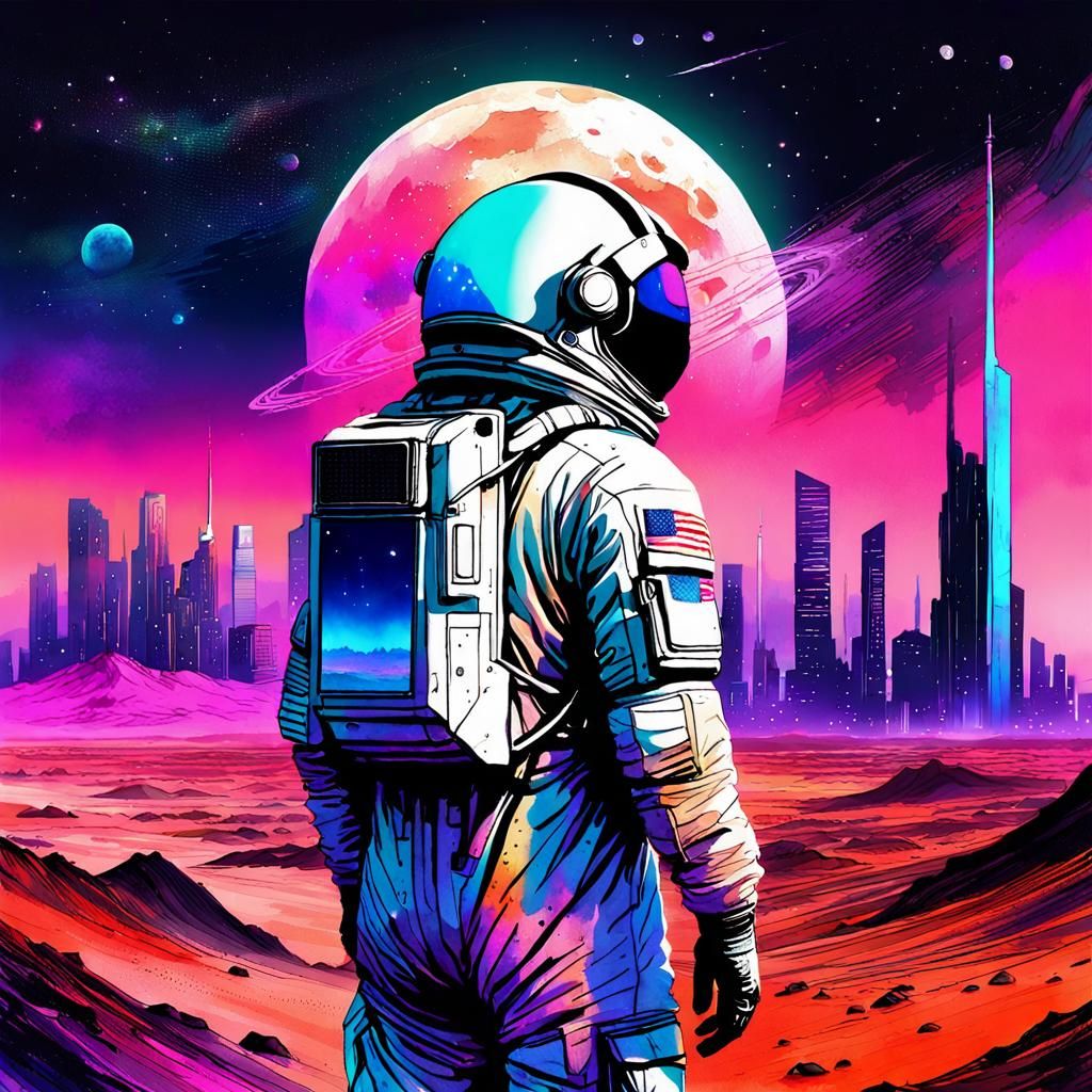 Lonely Astronaut on Mars in Vaporwave Style