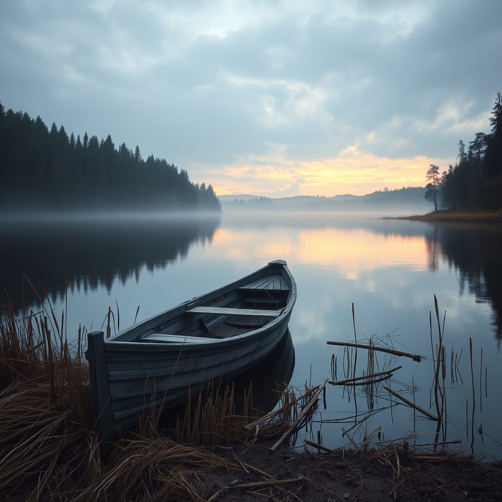 Rowboat at Twilight Lake: Shishkin Style Landscape