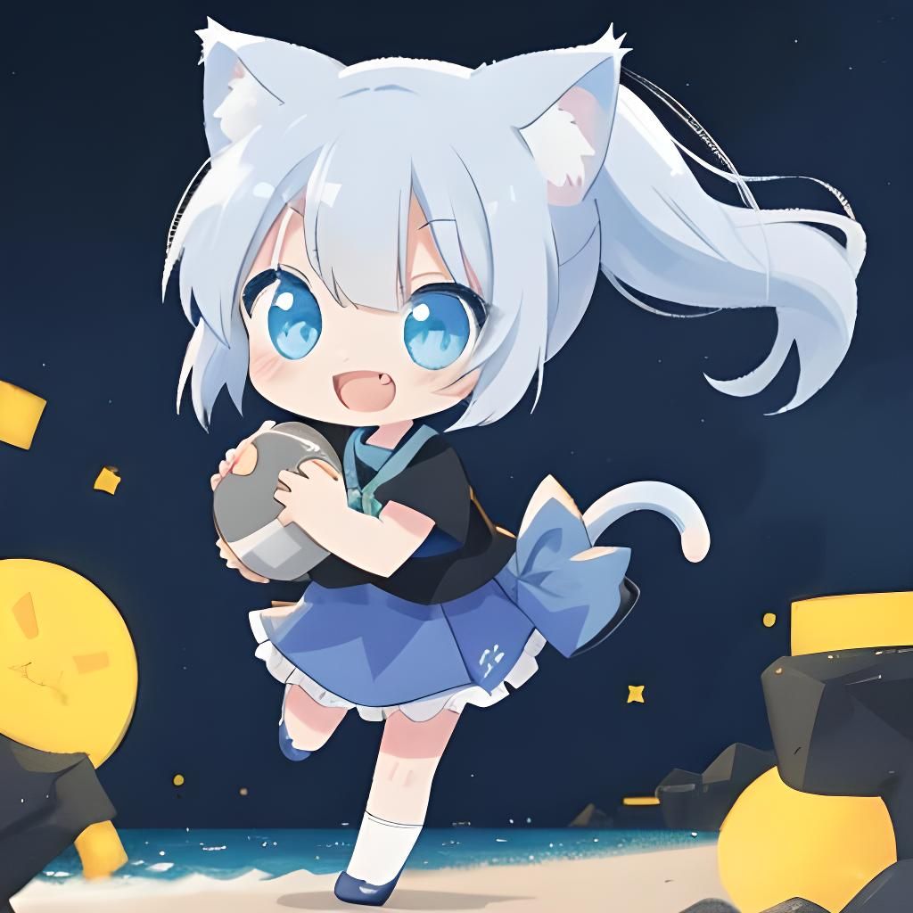 Adorable Chibi Catgirl on a Beach at Night