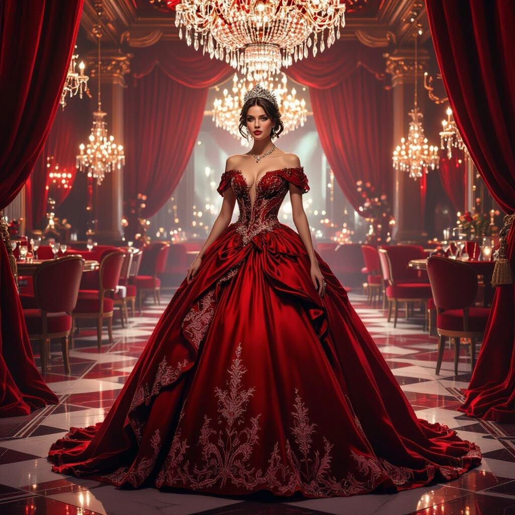 Princess in Red Ballroom with Dramatic Lighting