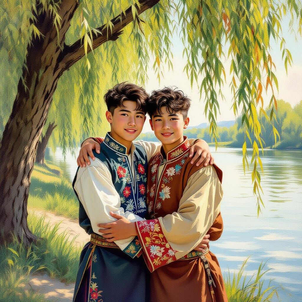 Uygur and Mongolian Boys Embrace: Impressionistic Realism