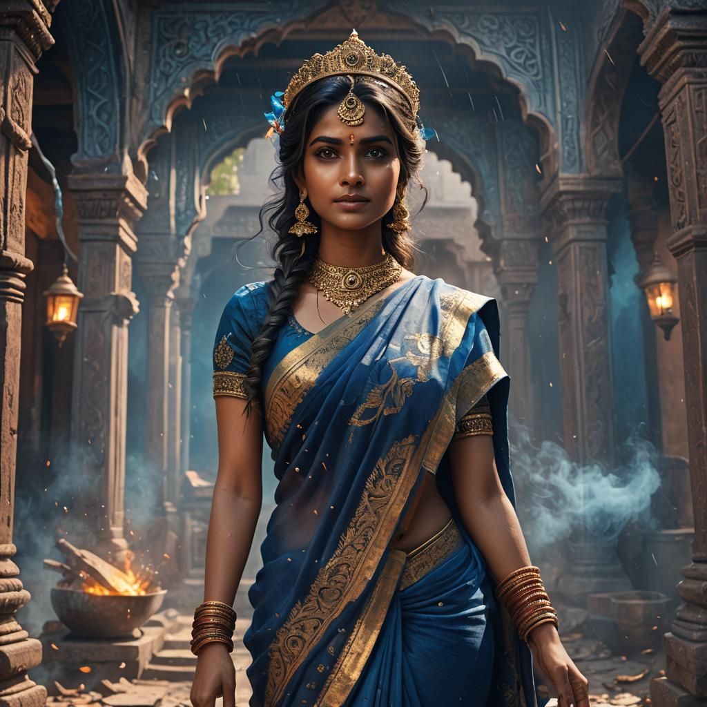 Beautiful Indian Woman in Blue Saree: Fantasy Art